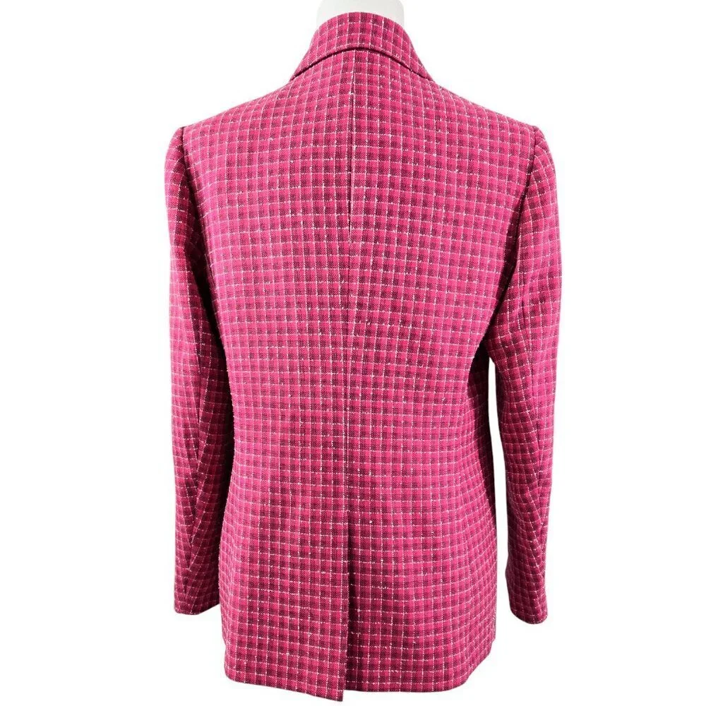 Anne Klein Pink Plaid Tweed Look One Button Blazer Barbie Office Preppy